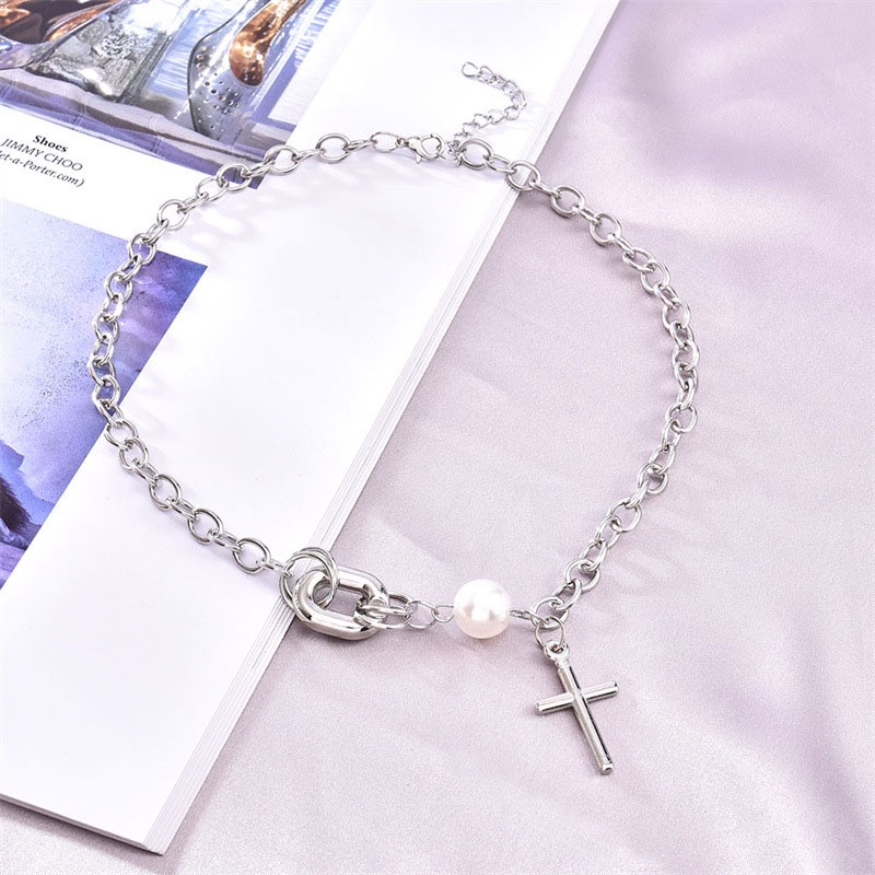 Korea Ins Cross Kalung Mutiara Clavicle Chain Aksesoris Fashion Wanita