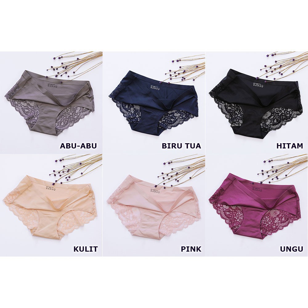 MOODC043 (COD)Celana Dalam TERMURAH Brief Seamless Bahan Ice Silk Aksen Lace