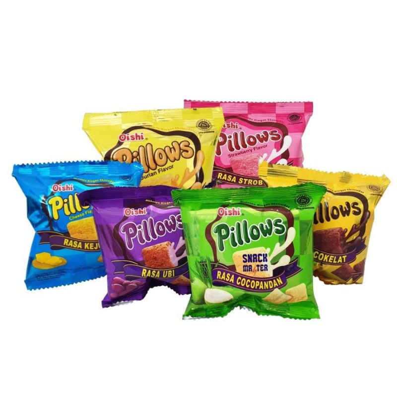 

Oishi Pillows Snack Ciki Bantal Coklat Kacang Strawberry Ubi Ungu Cocopandan Durian Keju