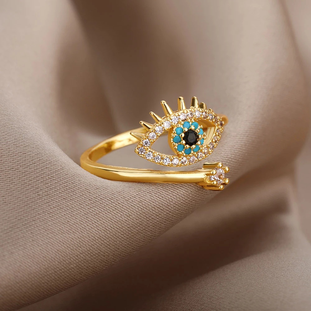 Cincin Model Terbuka Adjustable Desain Mata Iblis Biru Gaya Eropa Amerika Untuk Wanita