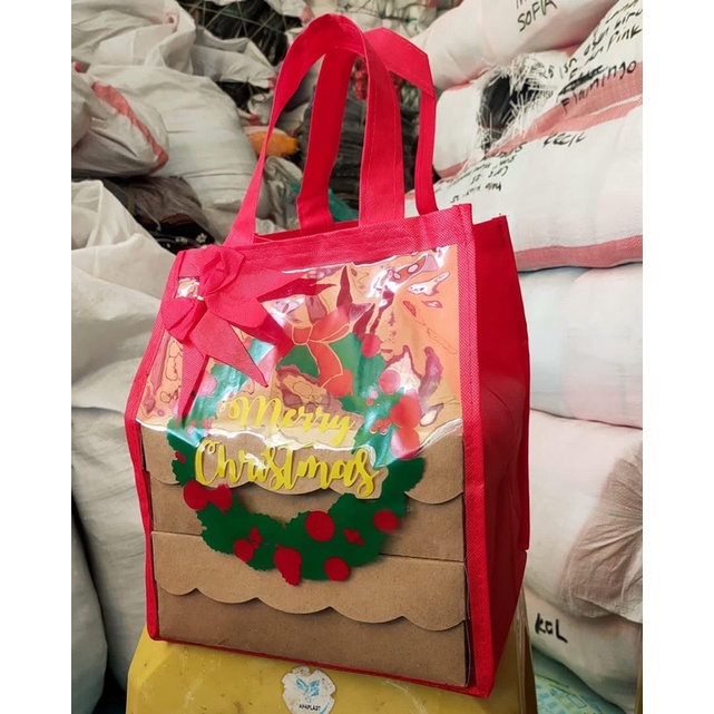 HARGA LUSIN 12 BIJI- TAS HAJATAN MIKA TEBAL PREMIUM 0.25 MM  CAKE SIZE 22x22 - EDISI NATAL