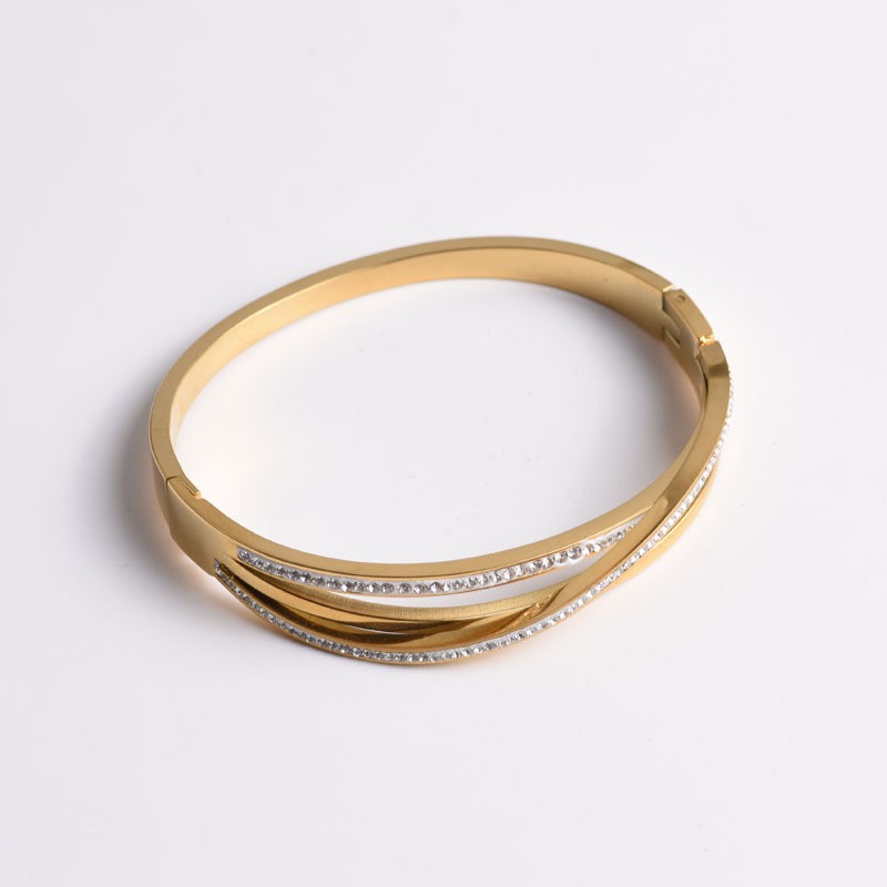 Silang Garis Flash Berlian Baja Titanium Gelang Perempuan 18k Rose Gold Anti Karat All-Match Fashion Bracelet