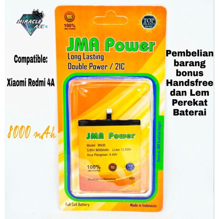 Baterai JMA Power Double Power Original For Xiaomi BN30 Redmi 4A Bonus Handsfree dan Lem Perekat Bat