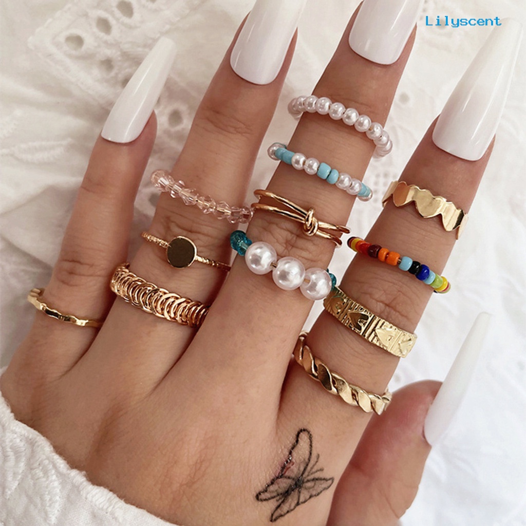 12pcs / Set Cincin Knuckle Model Terbuka Aksen Mutiara Tiruan Warna-Warni Untuk Wanita