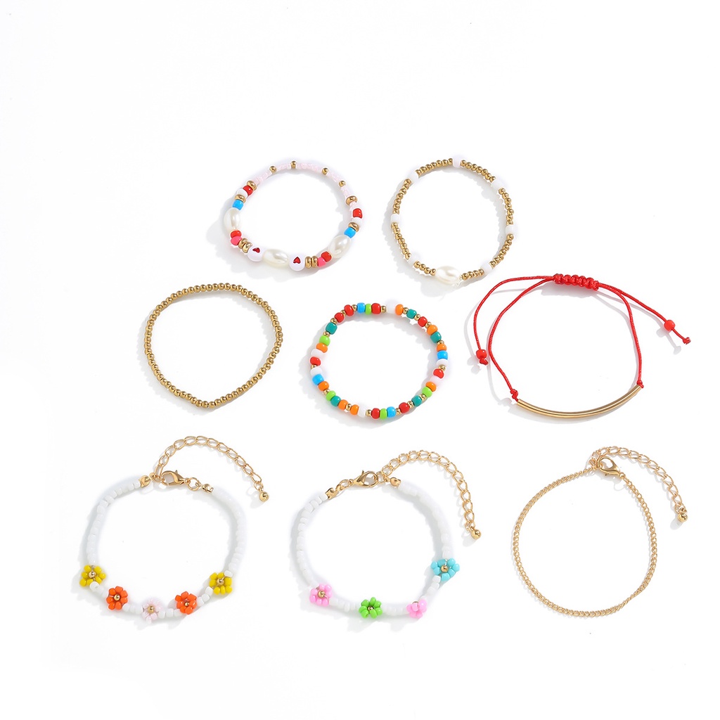 Gaya BoHo Multi-Lapisan Set Gelang Perhiasan Warna Manik-manik Gelang Set Wanita Mutiara Multi-Warna Beras Manik Dikepang Gelang