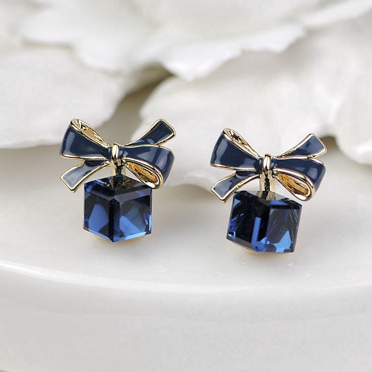 Anting Busur Biru Kristal Sintetis Aksesoris Korea Wanita