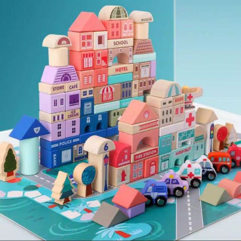 Wooden City Block mainan kayu blok balok urban kota bangunan