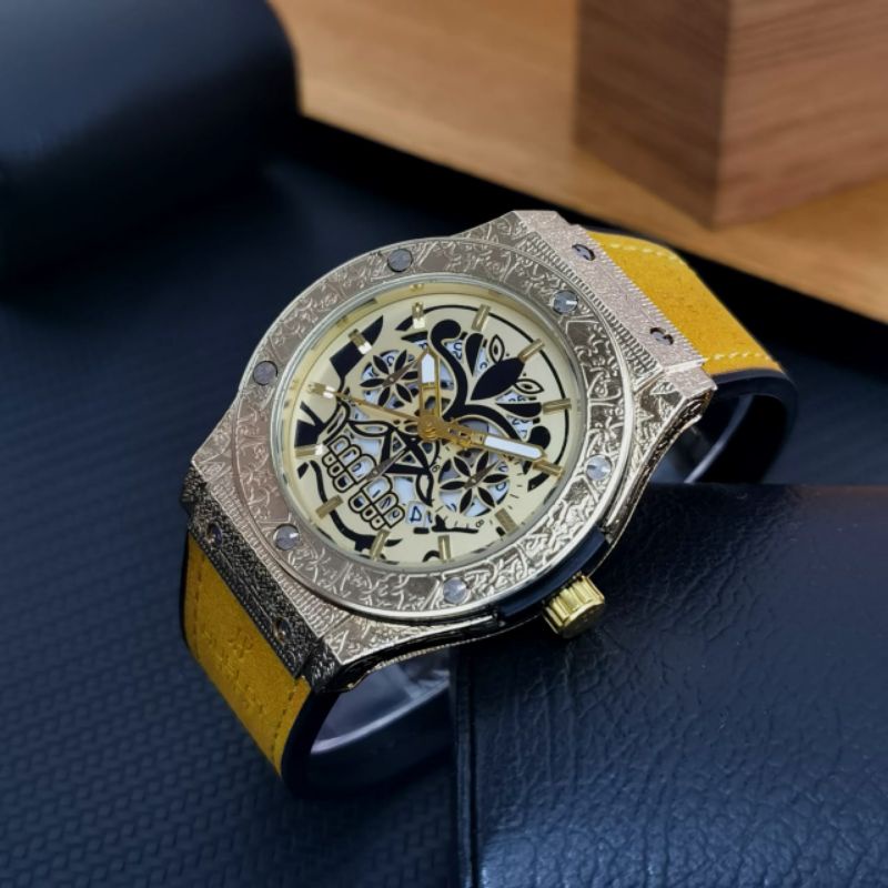 Jam Tangan Pria Analog Kulit Premium Body Gold Tanggal Aktif + Gratis Kotak