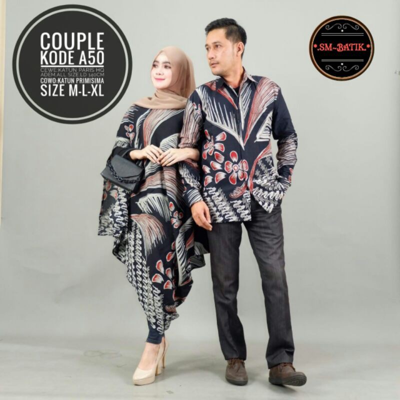 setelan batik couple A50 kaftan batik asimetris kemeja lengan panjang by SM batik