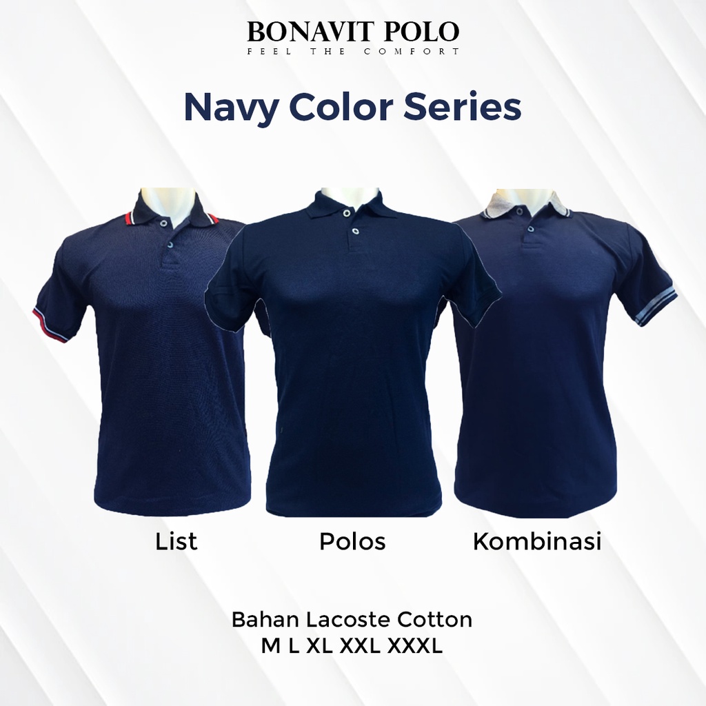 KAOS POLO DEWASA UNISEX WARNA NAVY 3 TYPE UKURAN SAMPAI JUMBO BAHAN LACOSTE BONAVIT POLO
