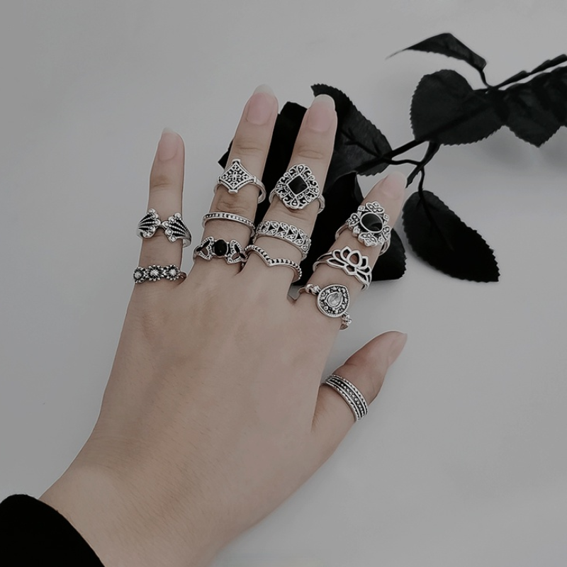 15 Pcs/Set  Fashion Silver Midi  Finger Ring Set / Ladies Smooth Fine Thin Finger Ring  / Vintage Punk Black Gemstone Rings