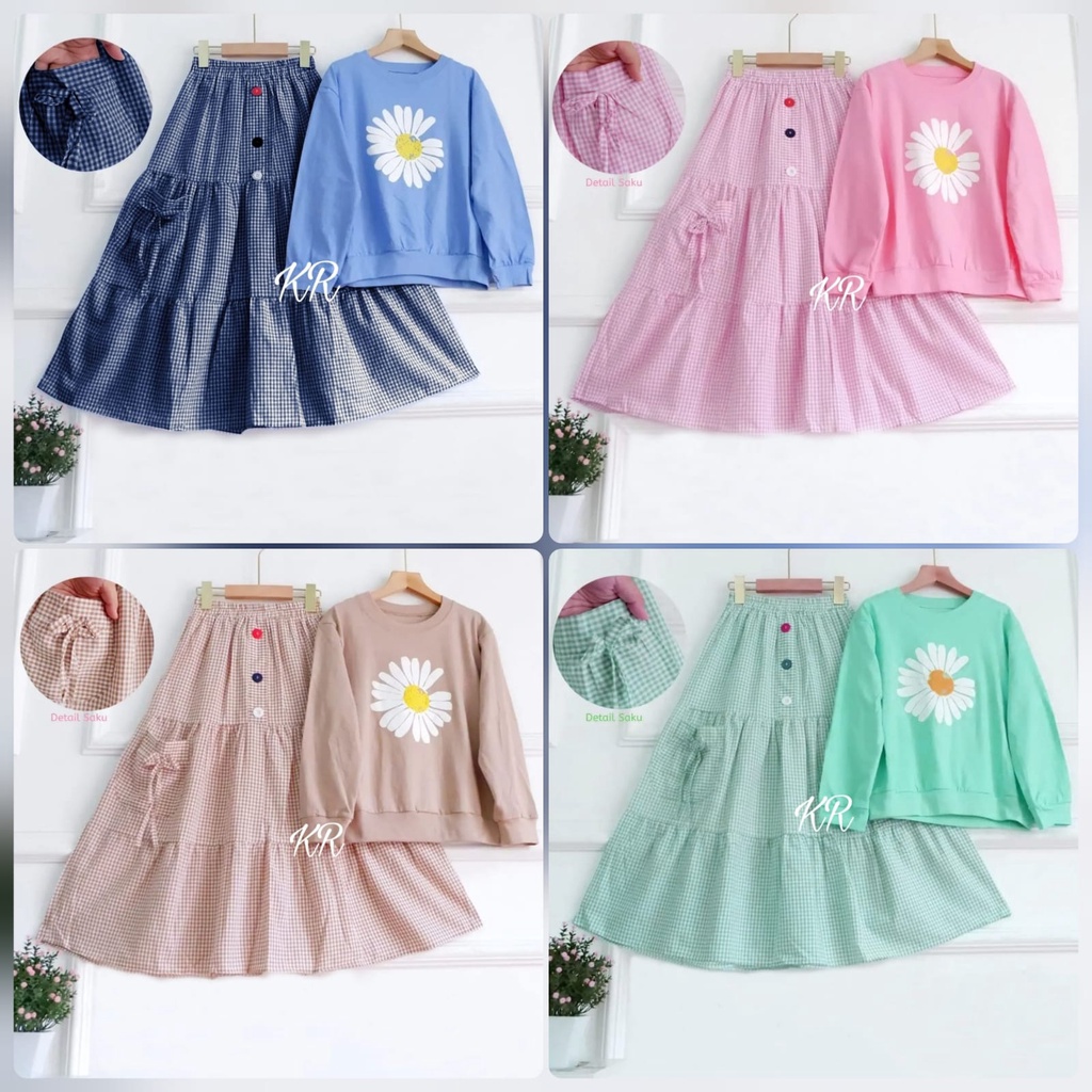 4 UKURAN S M L XL SET SENJA KID SETELAN ROK KOTAK PAKAIAN ANAK PEREMPUAN BABYTERRY KR ADA VIDEO REAL PICT