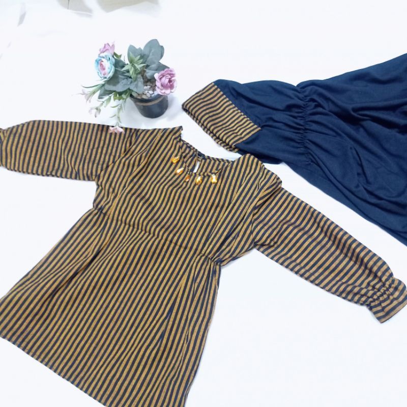 Awwalan - Busana Muslim Anak - Tunik Anak Lurik ATBM dan Jilbab kaos kombinasi lurik by farere