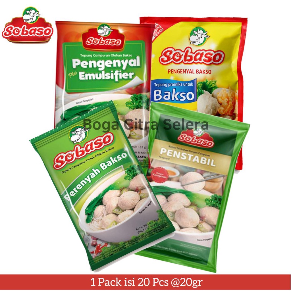 

Sobaso Tepung Perenyah, Pengenyal & Penstabil Bakso 20gr (1 Pack isi 20)