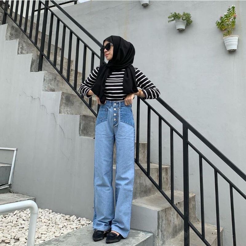 JEANS HW LOOSE HIGHWAIST TWOTONE WANITA JEANS HW KOREAN KULOT 2 WARNA JEANS KULOT HW TERBARU