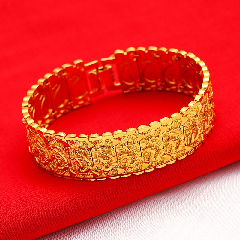 Gelang Tangan Rantai Lapis Emas 24K Motif Naga Bahan Kuningan Untuk Pria