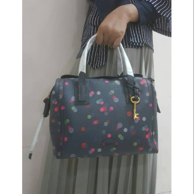 Tas PRELOVED FOSSIL EMMA SATCHEL NAVY DOT, like new, lengkap key and dustbag, original,