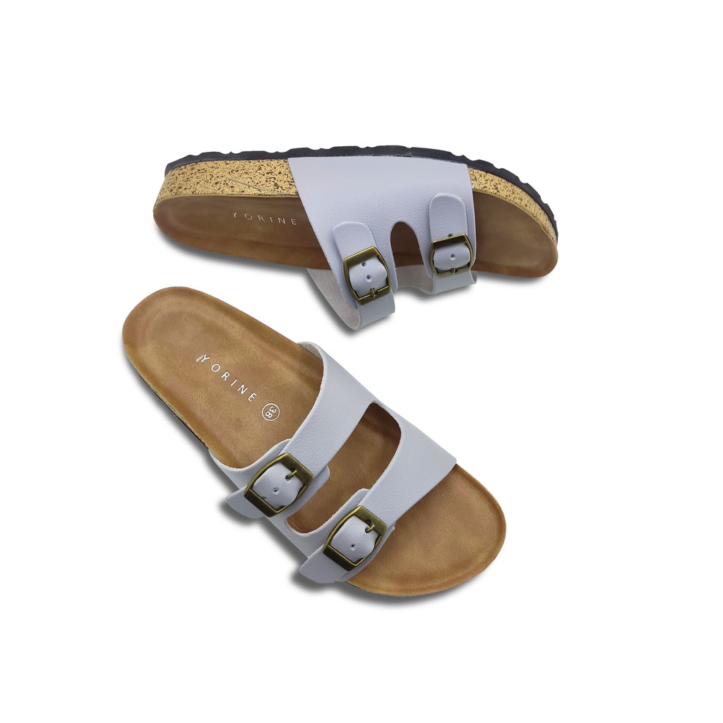 Sandal Selop Briken Wanita Tali Double Gesper Footbed Casual Model Kekinian REINA