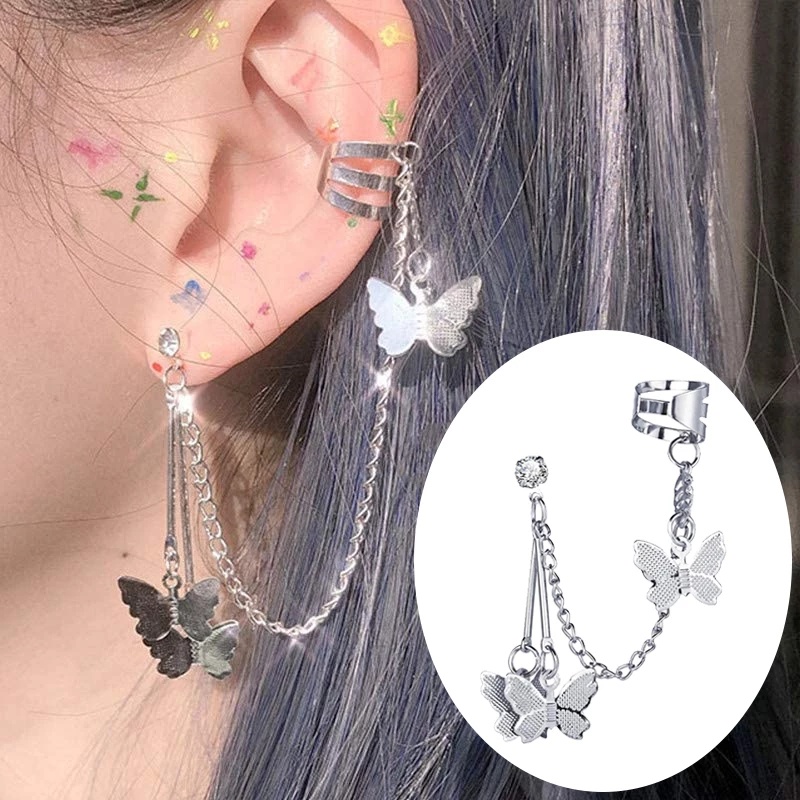 Anting Kait Klip Telinga Bentuk Kupu-Kupu Geometris Bahan Stainless Steel Untuk Wanita