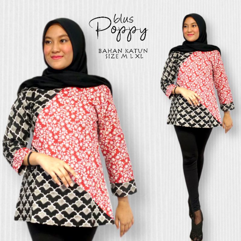 Atasan batik murah blus katun halus fashion mode atasan baju wanita pendek kimono Bunga poppy Atasan Baju batik cantik elegan kasual kuliah kerja sekolah