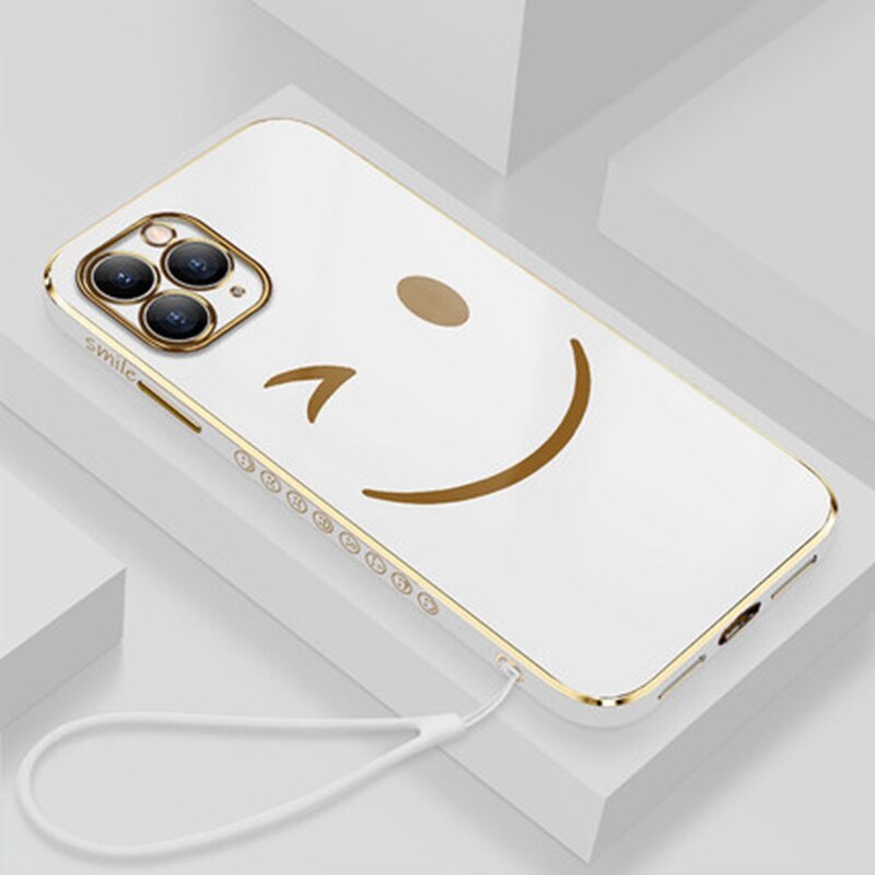 Soft Case Pelindung Motif Wajah Tersenyum Dengan Tali Tangan Electroplating Untuk Iphone 13 12 11 Pro Max X Xs 7 8 Plus Xr