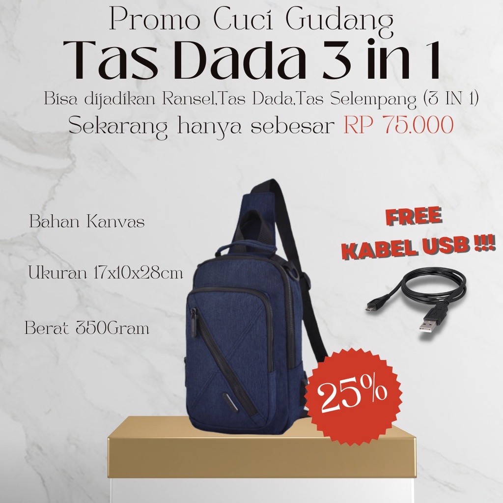 (Toko OB) Tas Murah Slingbag Fashion 16893 Tas Dada Stylish,Selempang Ransel(Free Kabel Extension USB)