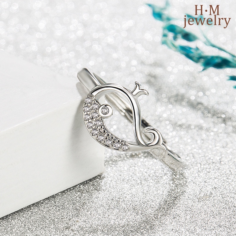 Cincin Model Terbuka Desain Lumba-Lumba Hollow Bahan S925 Silver Untuk Pasangan