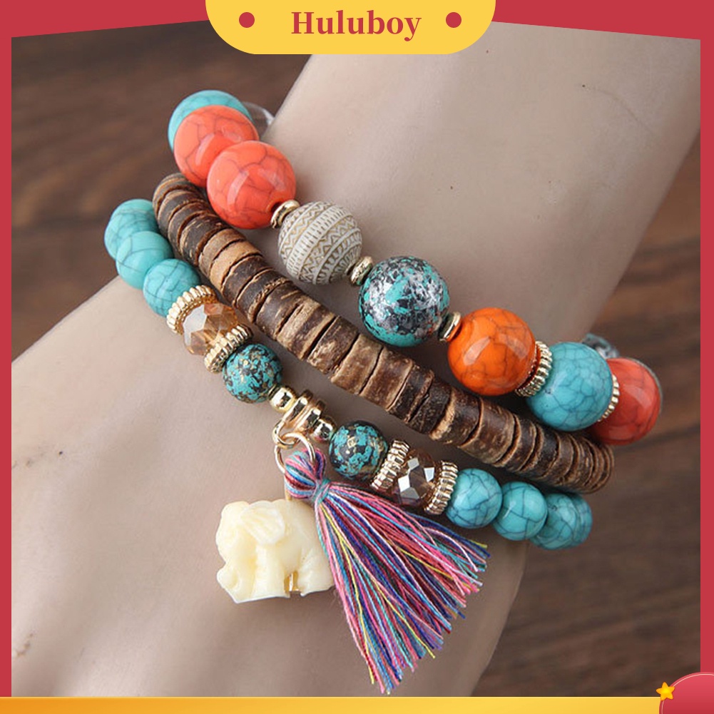 Hu Hu Hu Hu Hu Alat Bantu Pasang Kacamata♡ 3pcs / Set Gelang Manik-Manik Batu Czech Aksen Gajah Rumbai Gaya Bohemian Untuk Wanita