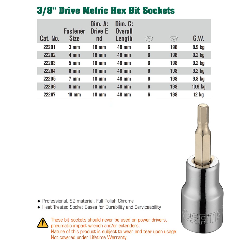 SATA TOOLS 3/8 Inch METRIC HEX BIT SOCKETS HEX 8 MM 22206