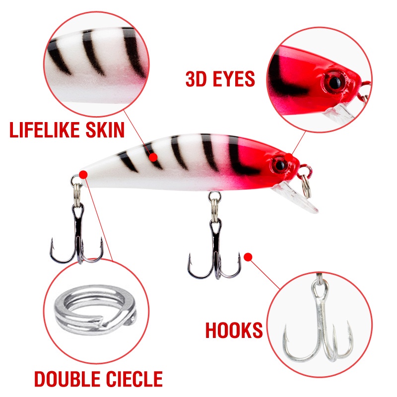 5pcs / Kotak Umpan Pancing Ikan Minnow Mata 3D 1.6g / 7.8g / 5g / 6g / 7g 5 Warna
