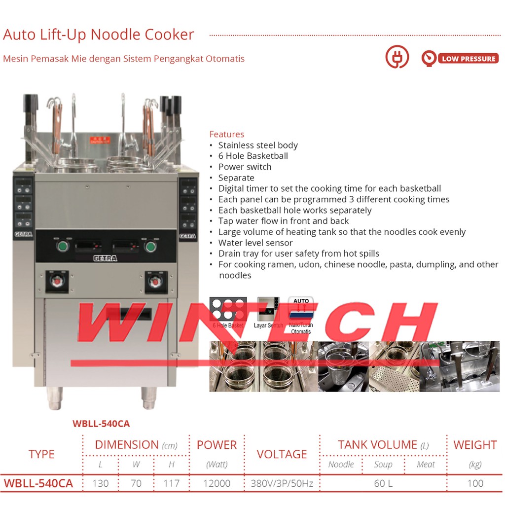 GETRA WBLL-540CA Auto Lift Up Noodle Cooker / Mesin Kompor Masak Mie Otomatis - Pasta Cooker