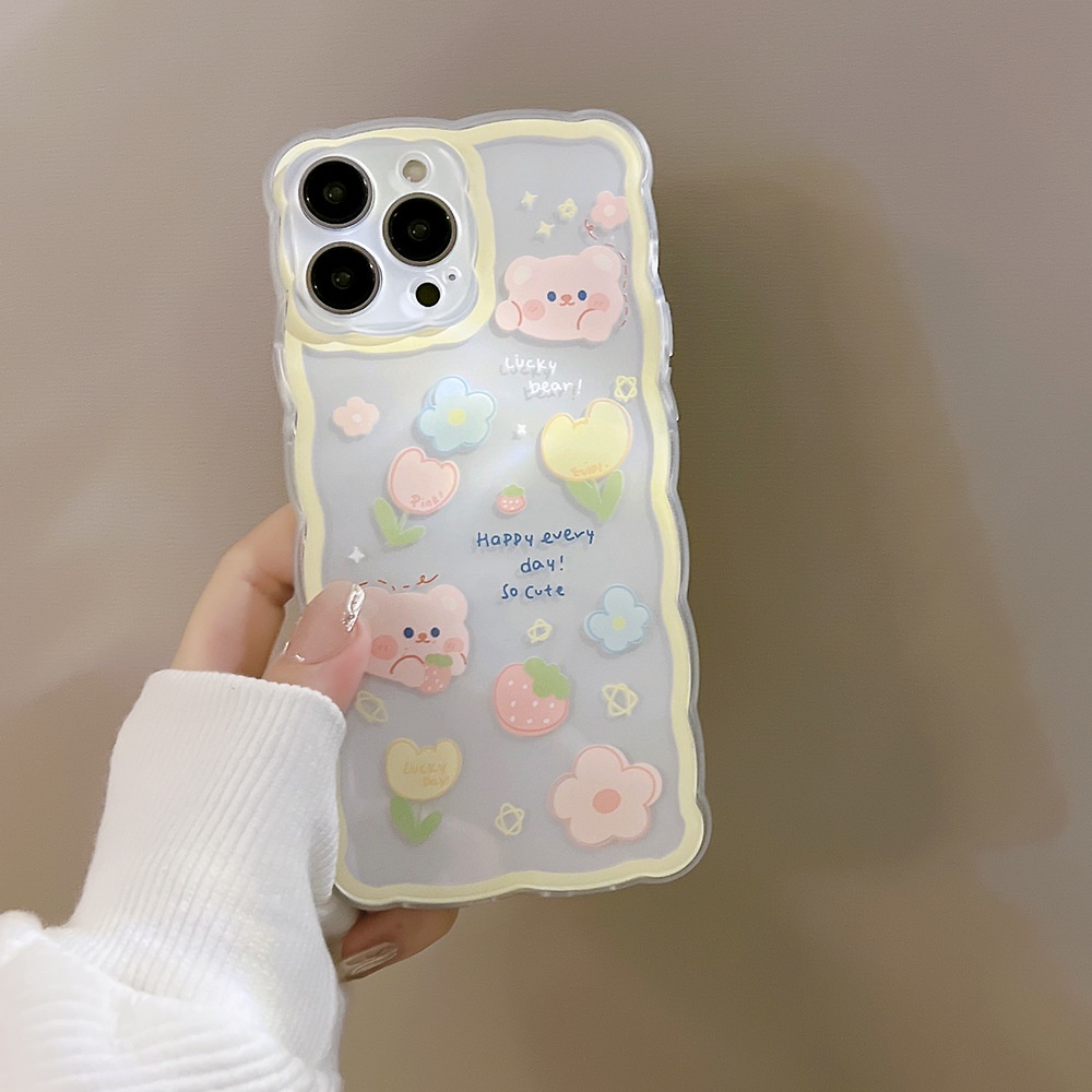 Case Pelindung Transparan Motif Kartun Beruang Strawberry Untuk Iphone 11 8 7 Plus SE2 XS XR 12 13 Mini PRO MAX