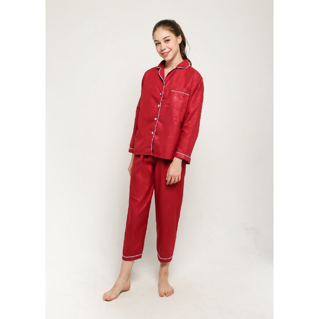 FortKlass Piyama Satin Embos Sleepwear Stelan Baju Tidur Lengan Panjang Celana Panjang-MAROON