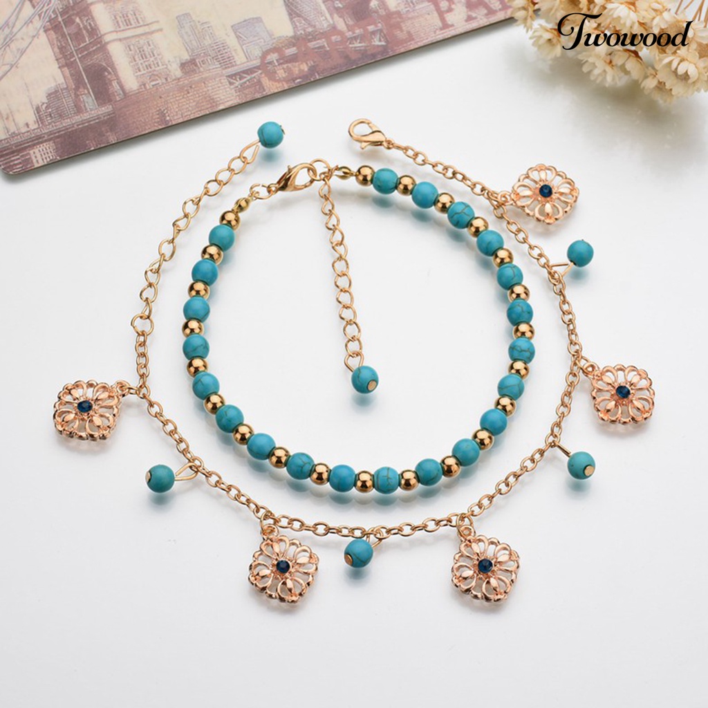 Twowood 2Pcs/Set Ankle Bracelet Faux Crystal Adjustable Alloy Bohemian Faux Turquoise Bead Beach Anklet for Beach