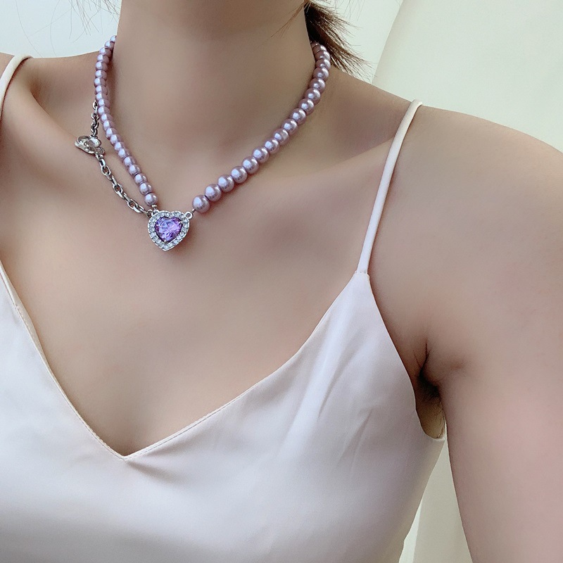 Pearl Stitching Necklace Korea Love Heart Pendant Clavicle Chain