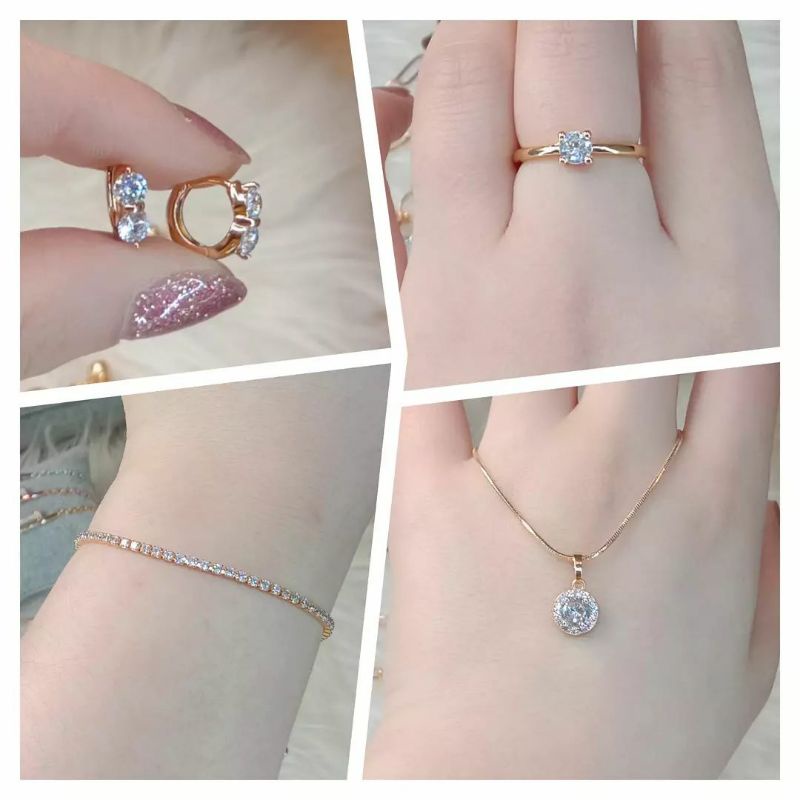 Satu Set Perhiasan Titanium, MEWAH &amp; ELEGAN, Kalung, Anting, Cincin, Gelang Wanita Anti Karat, Anti Alergi, Tahan lama, JAMIN 100% Kualitasnya, JAMIN REAL PIC, COD Gratis Ongkir, Set Aksesoris Wanita isi 4 Gold