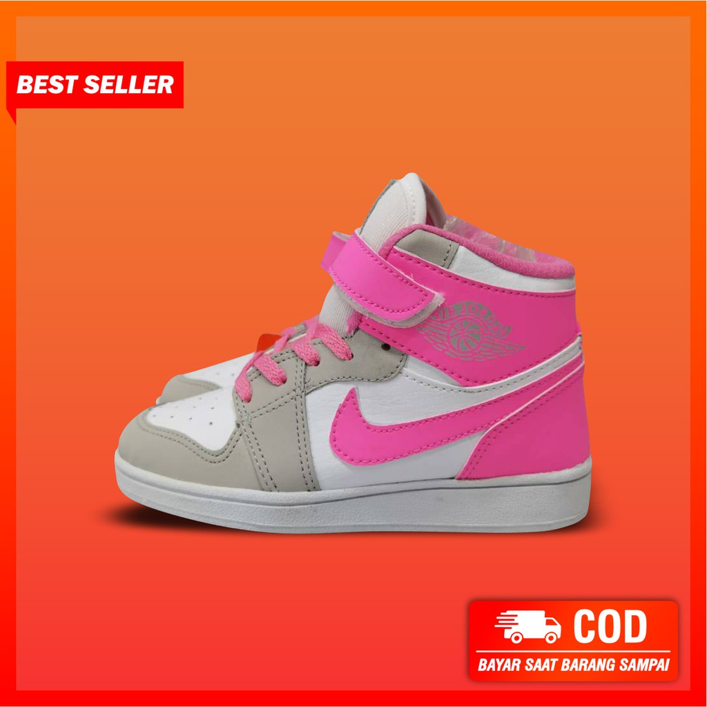 SEPATU ANAK USIA 1 - 12 TAHUN AIR JORDAN 1 TERMURAH TERLARIS PROMO DISKON TERBARU PINK PUTIH ABU