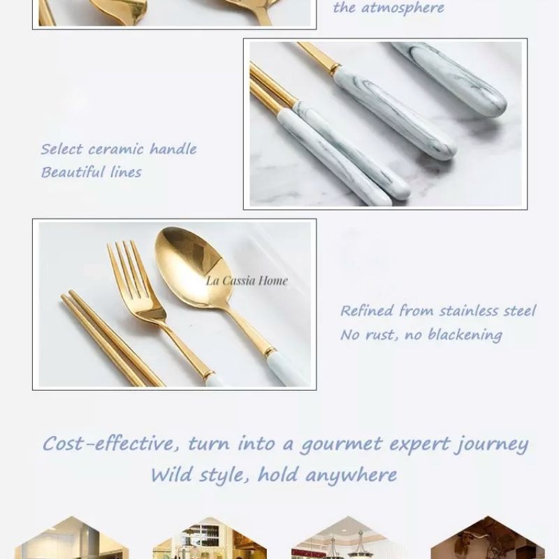 SENDOK GARPU SET KOREA MARBLE SET GOLD CUTLERY SENDOK GARPU KOREA TRAVEL ALAT MAKAN