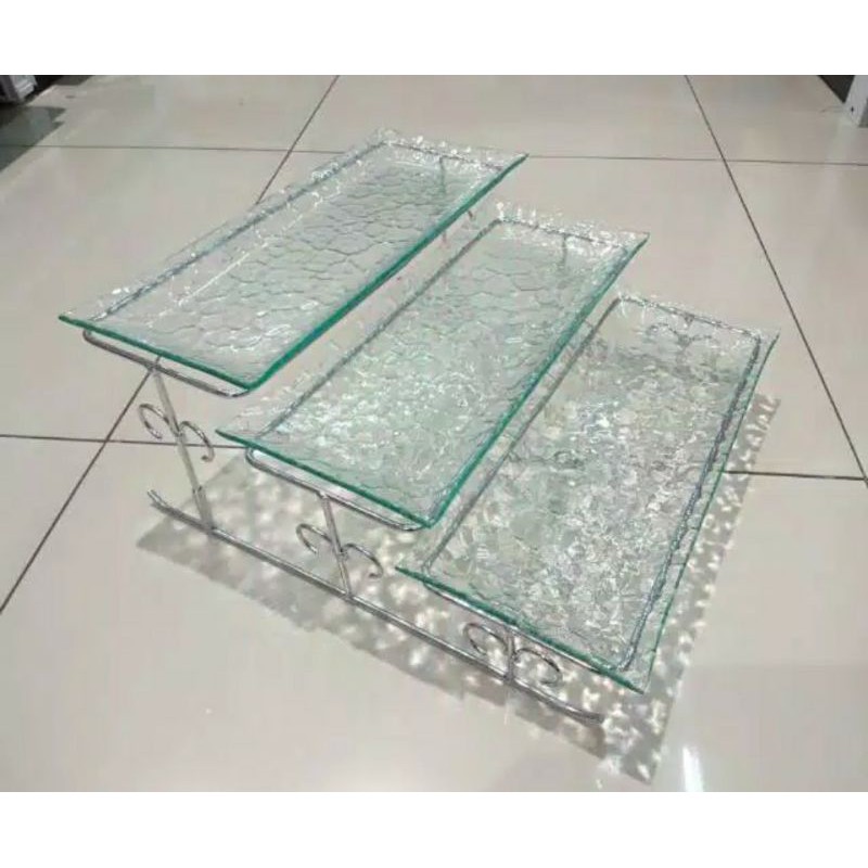 KRISHOME WADAH SAJI KACA 3 TINGKAT/ACE TEMPAT WADAH KUE KACA/NAMPAN SAJI KUE/GLASS SERVING TRAY SET