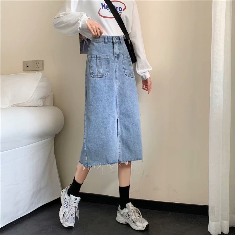 MOOGU ♡ Rok skirt midi / maxi skirt denim split Korea pinggang tinggi wanita