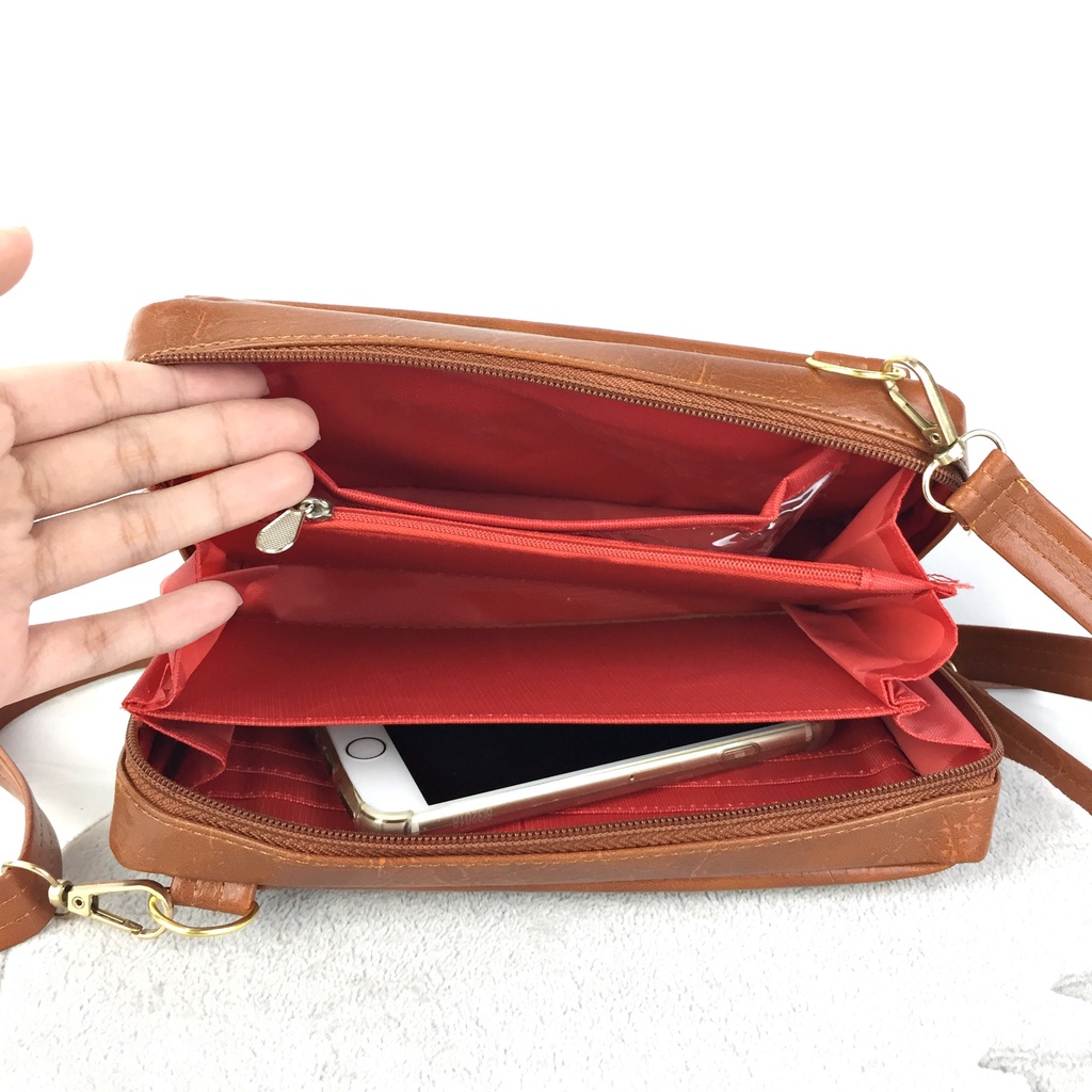 Tas Selempang Wanita Kulit Lokal Premium Vintage Wristlet Tali Panjang KT022