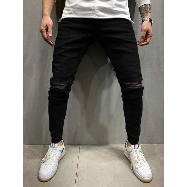 CELANA SOBEK PRIA RIPPED JEANS ROBEK SLIMFIT PENSIL SKINNY STRETCH DENIM HITAM PREMIUM 27-38