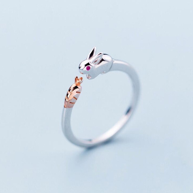 Cute Adjustable   Sliver  Rabbit   Eat Carrot Ring