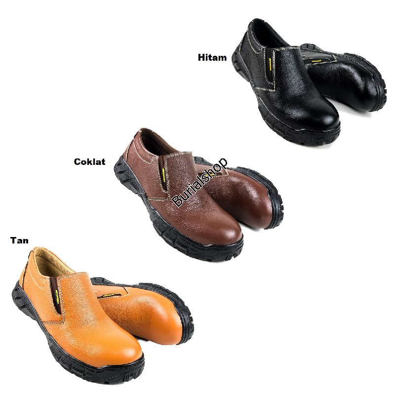 Sepatu Safety Kulit Sapi Asli Slip On Original Septi Pria Ujung Besi Septy Slop Selop Kerja Lapangan Proyek Industri Sefti Shoes BS