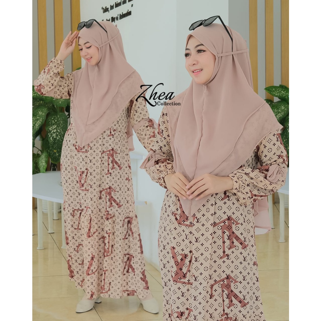 (Tini Grosir Cirebon) Set Hijab Rayon  / Set Syar'i Motif Terbaru Logo LV