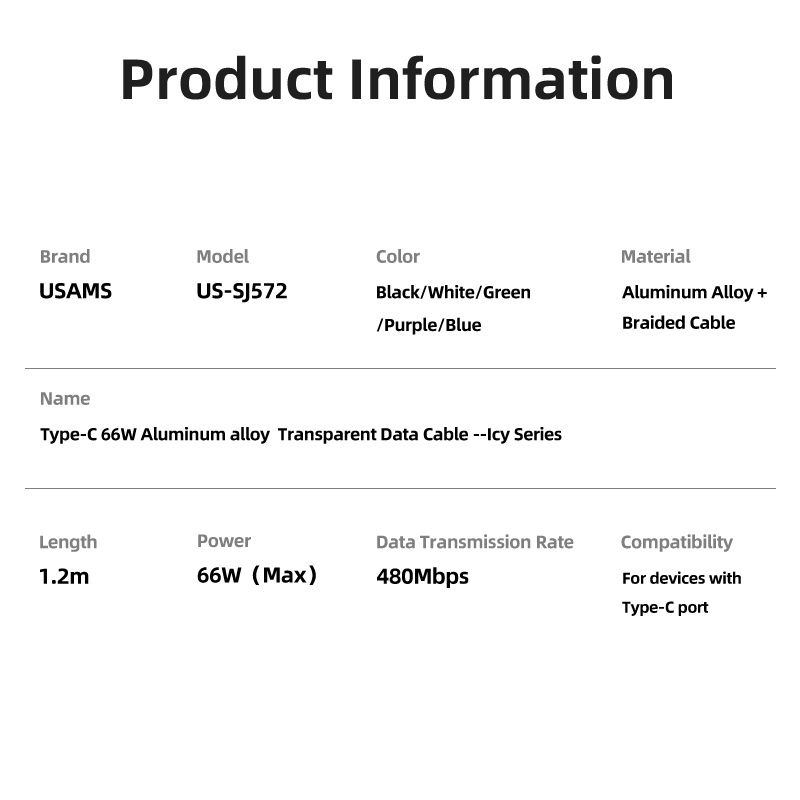 USAMS Icy Series Kabel Data Fast Charging USB to Type C 66W 6A