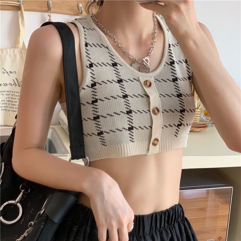 Cardigan Knit Rajut Lengan Panjang Wanita/Rompi Rajut Tank Top Kotak-kotak Retro Setelan