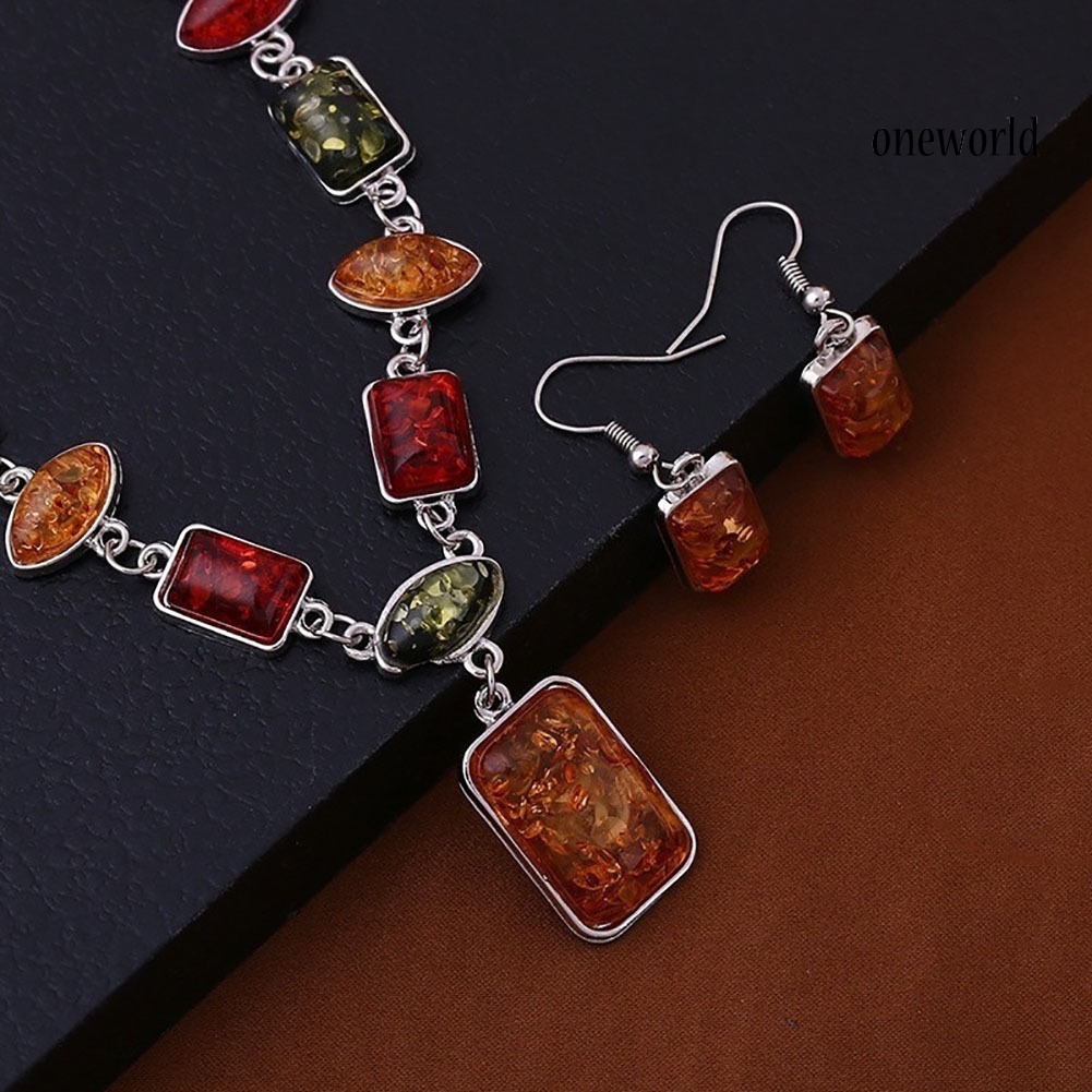 OW@ Square Oval Amber African Style Women Necklace Hook Earrings Party Jewelry Set