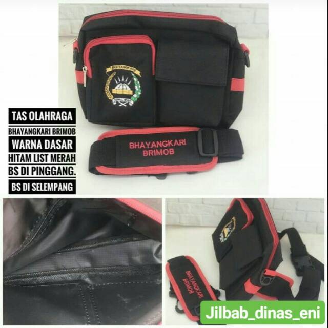 Tas olahraga bhayangkari brimob hitam list merah