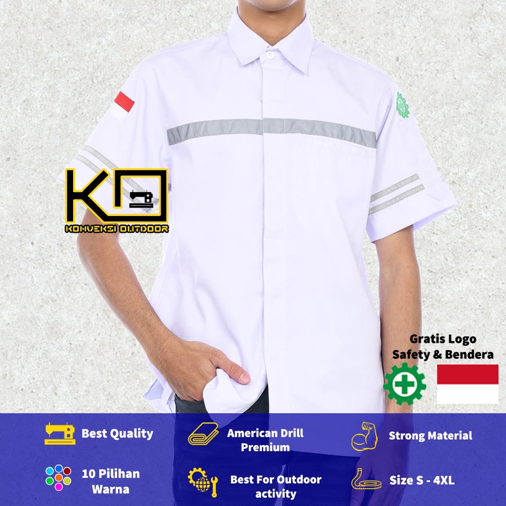 KEMEJA WEARPACK BAJU SAFETY K3 OUTDOOR INDOOR - Seragam Kemeja Kerja Lapangan Lengan Pendek Proyek Bangunan Tambang Alat Berat PLN Enginer Instalasi Mesin werpek sefti Scotlit Warna Putih Konveksi Outdoor